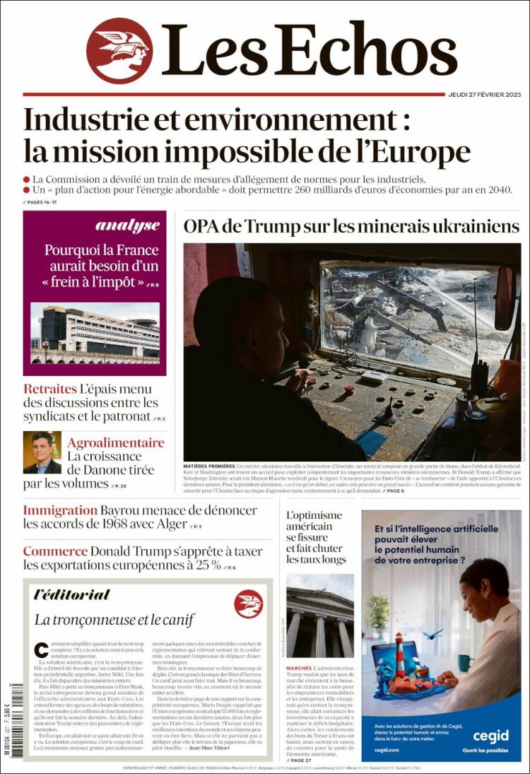 Portada de Les Echos (Francia)