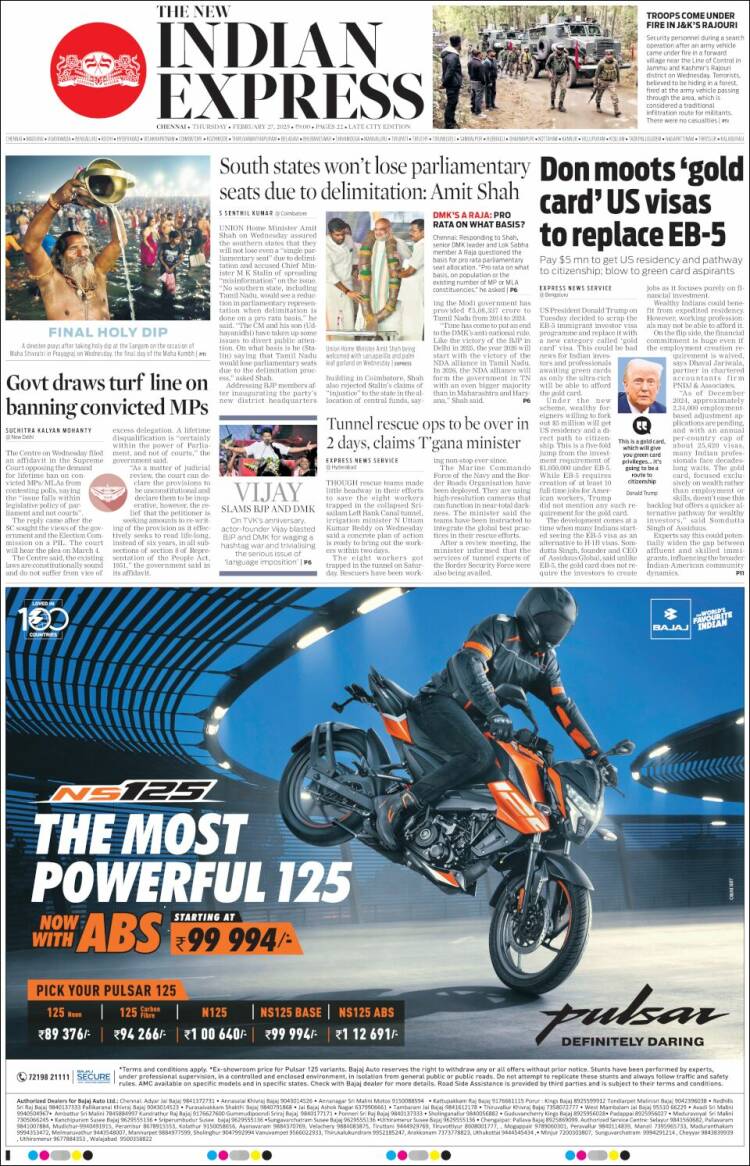 Portada de New Indian Express (India)