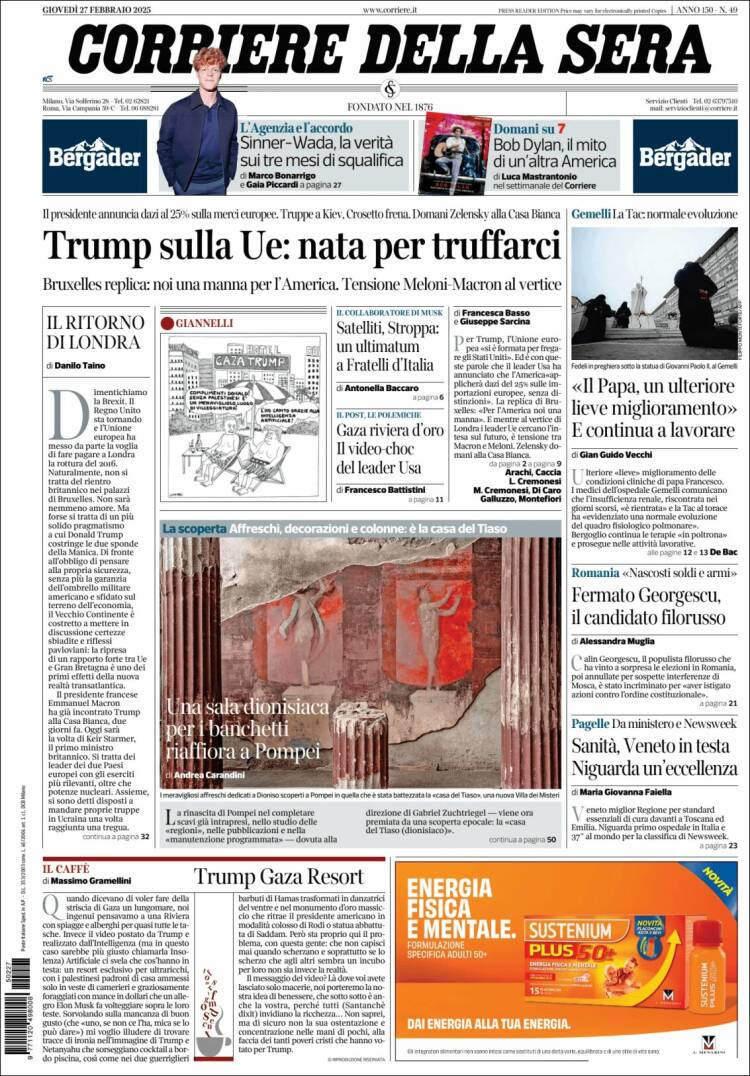 Portada de Corriere della Sera (Italia)