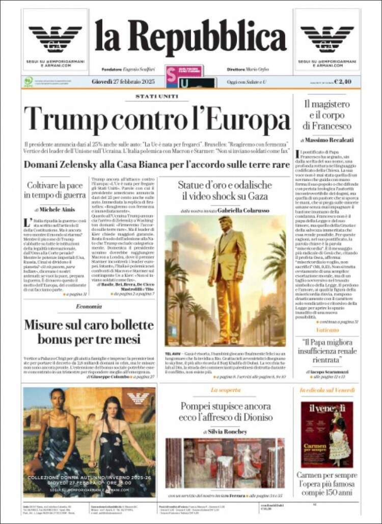 Portada de La Repubblica (Italia)