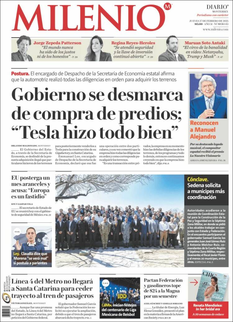 Portada de Milenio de Monterrey (México)