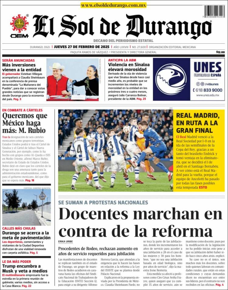Portada de El Sol de Durango (México)