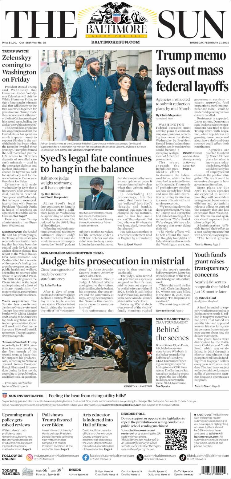 Portada de The Baltimore Sun (USA)