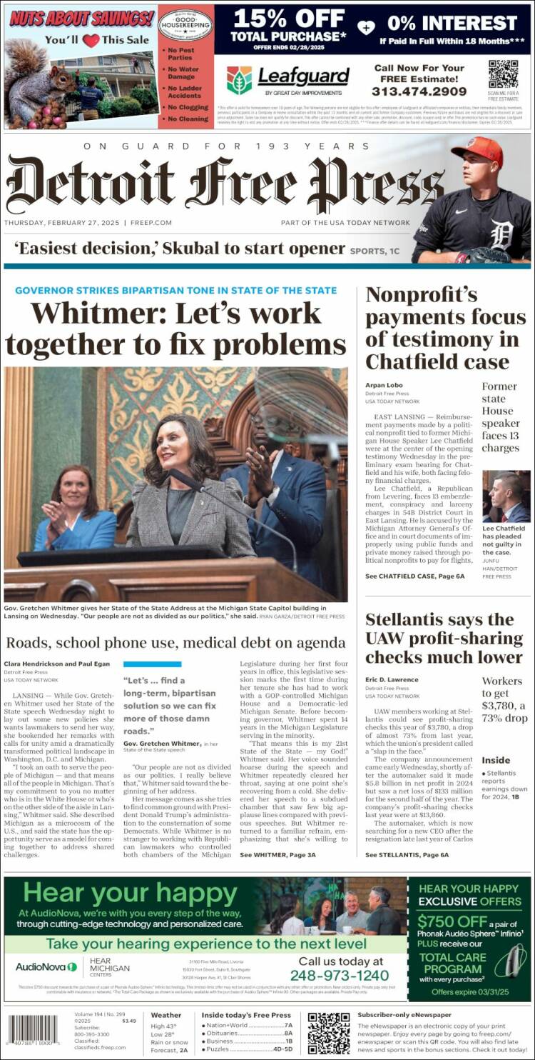 Portada de Detroit Free Press (USA)