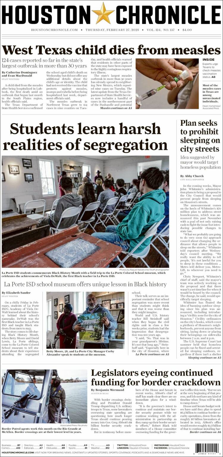 Portada de Houston Chronicle (USA)