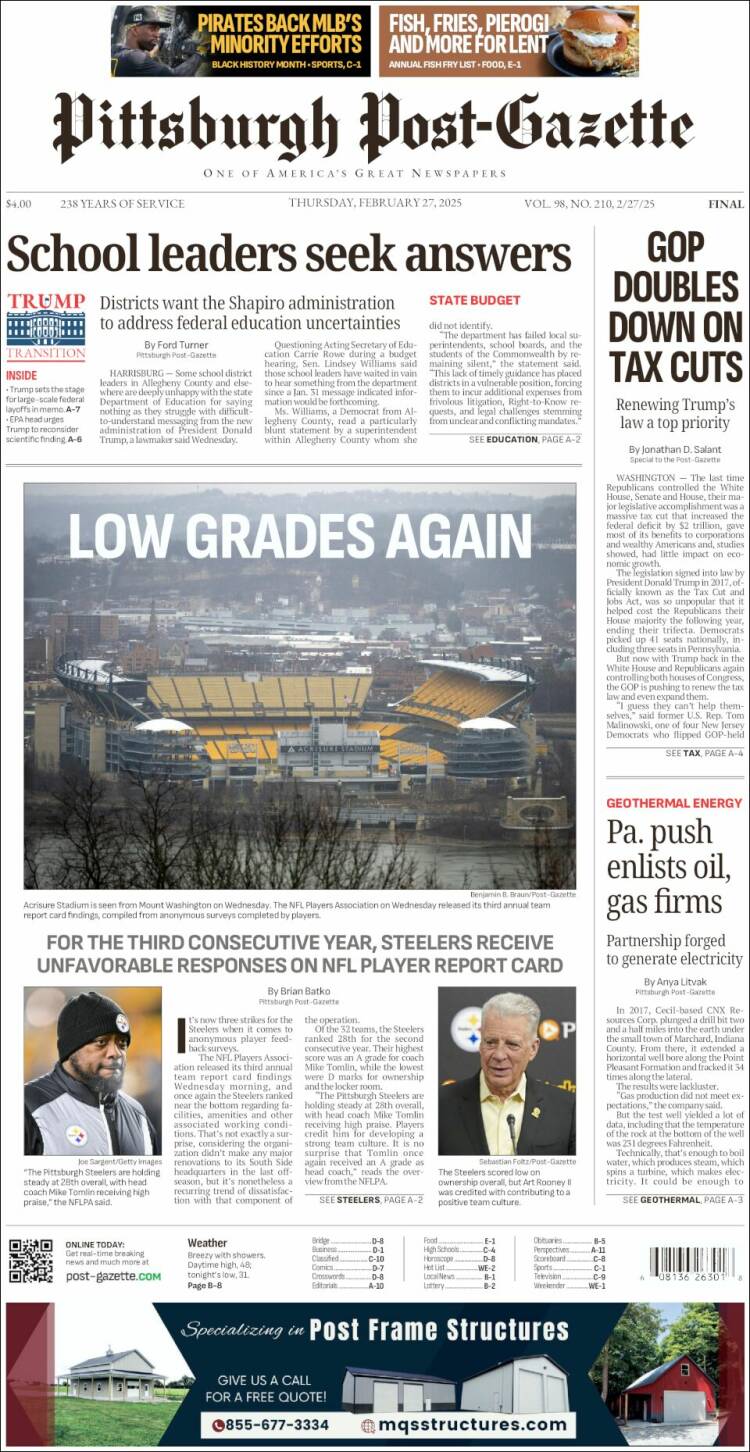 Portada de Pittsburgh Post-Gazette (USA)