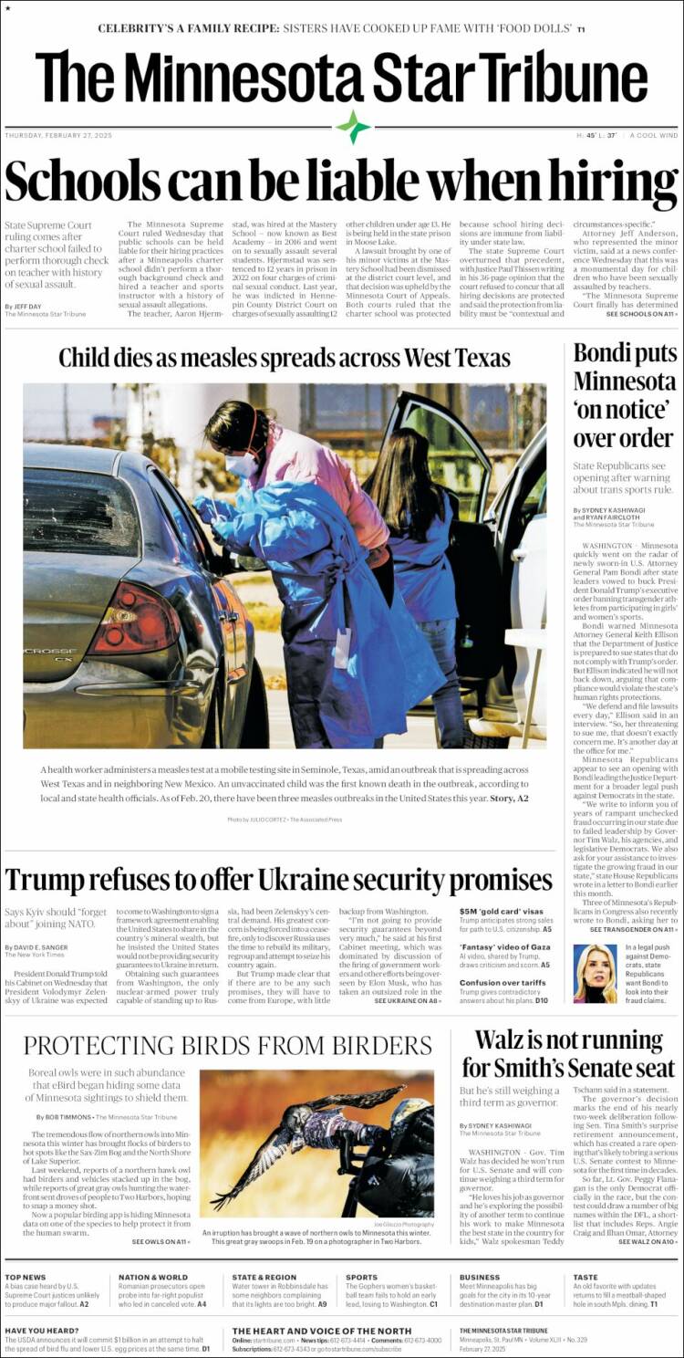 Portada de Star Tribune (USA)