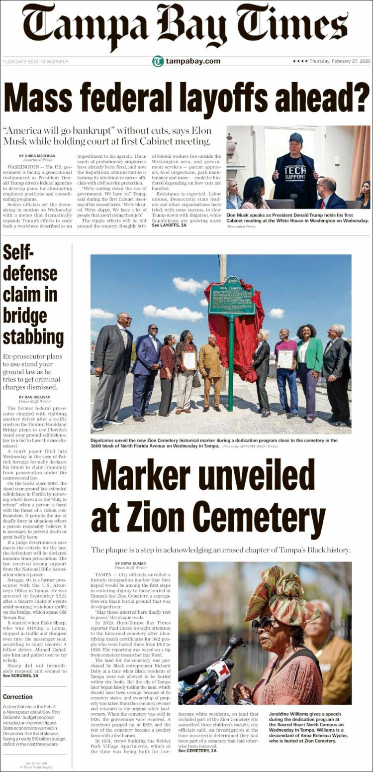 Portada de Tampa Bay Times (USA)