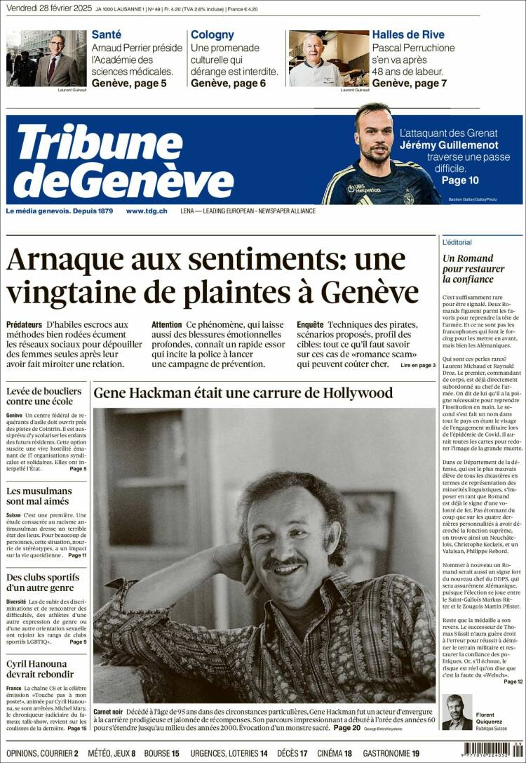 Portada de La Tribune de Genève (Suiza)