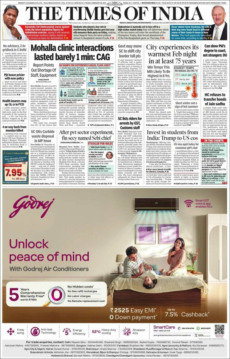 Portada de The Times of India (India)