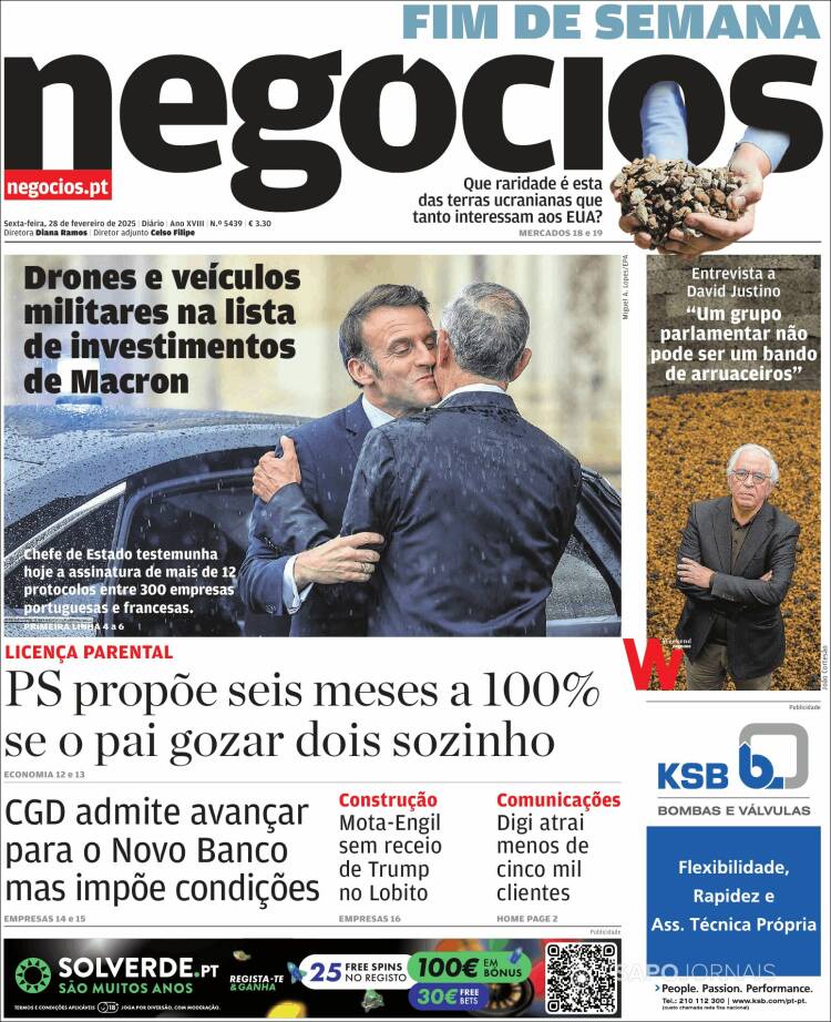 Portada de Jornal de Negócios (Portugal)