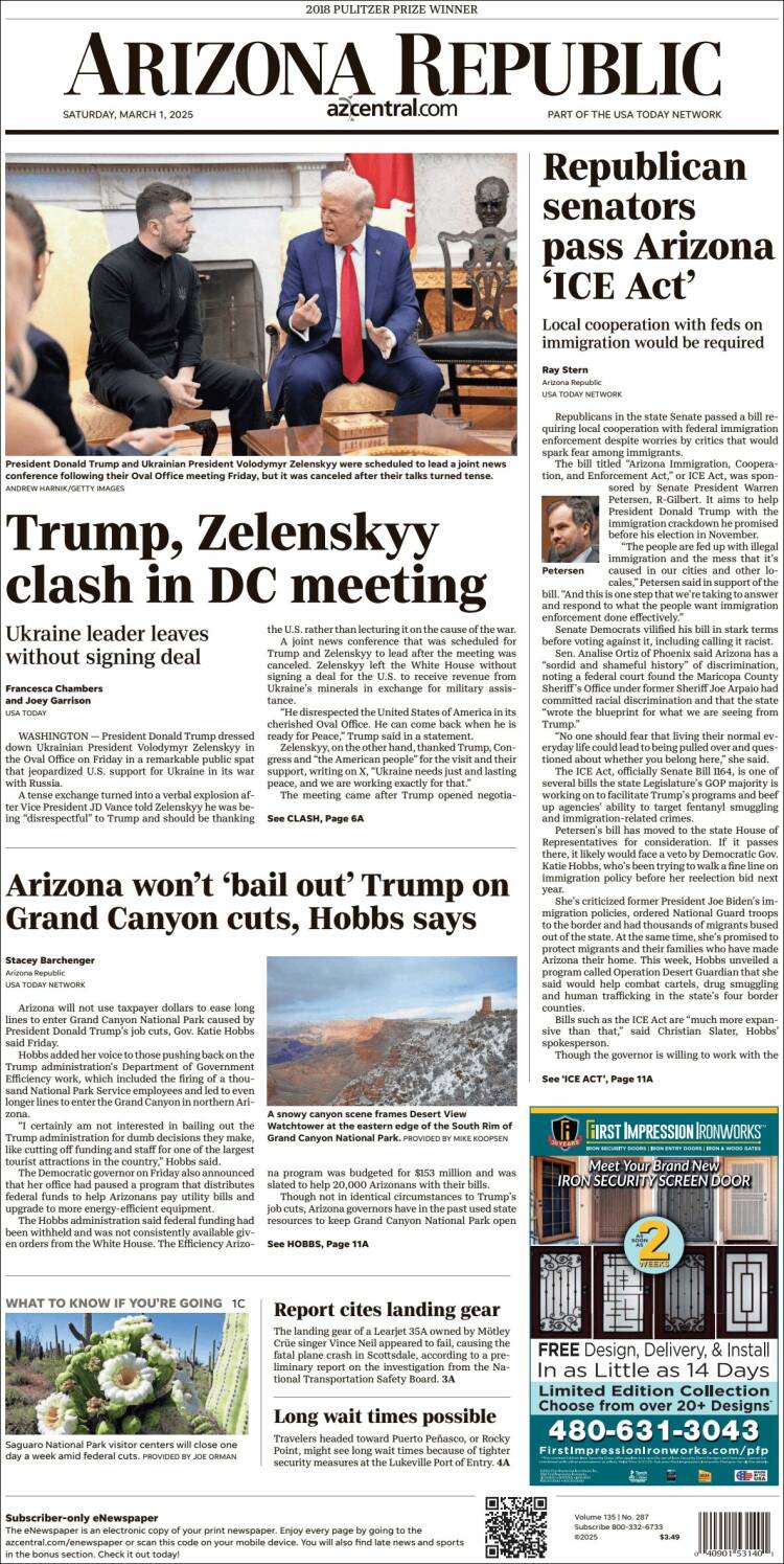 Portada de Arizona Republic News (USA)