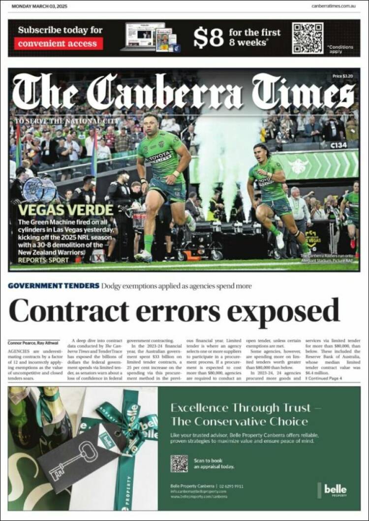 Portada de The Canberra Times (Australia)