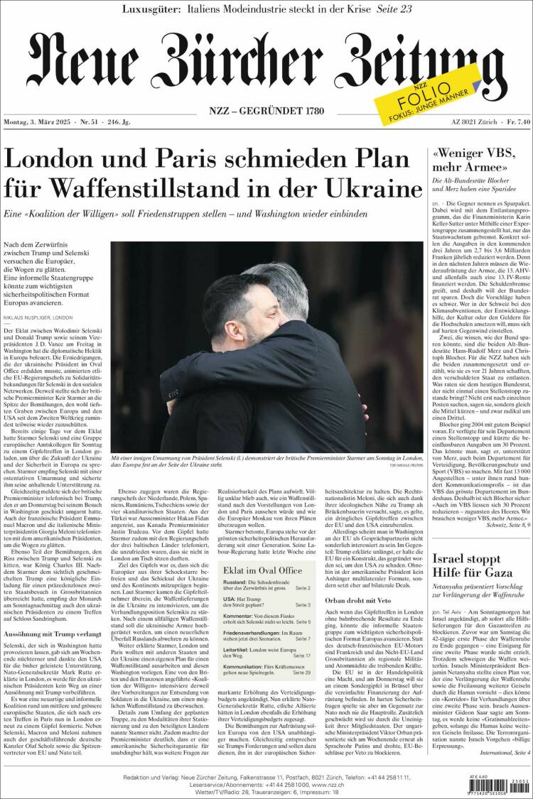 Portada de Neue Zürcher Zeitung (Suiza)