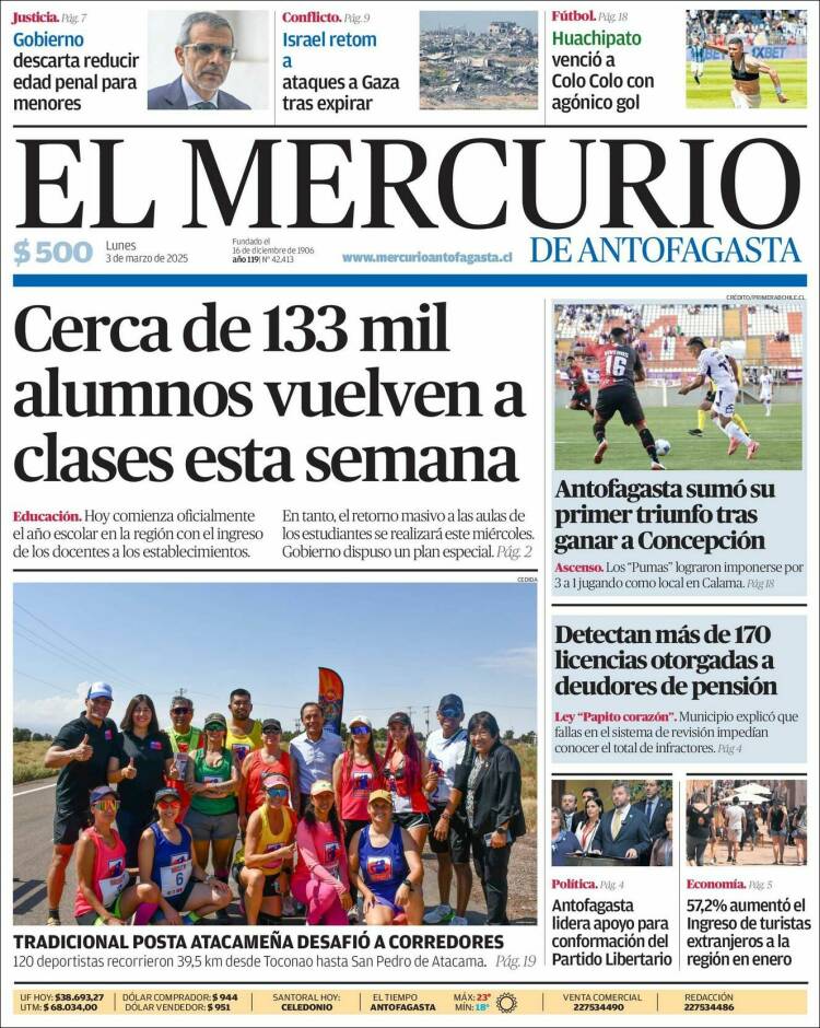 Portada de El Mercurio de Antofagasta (Chile)