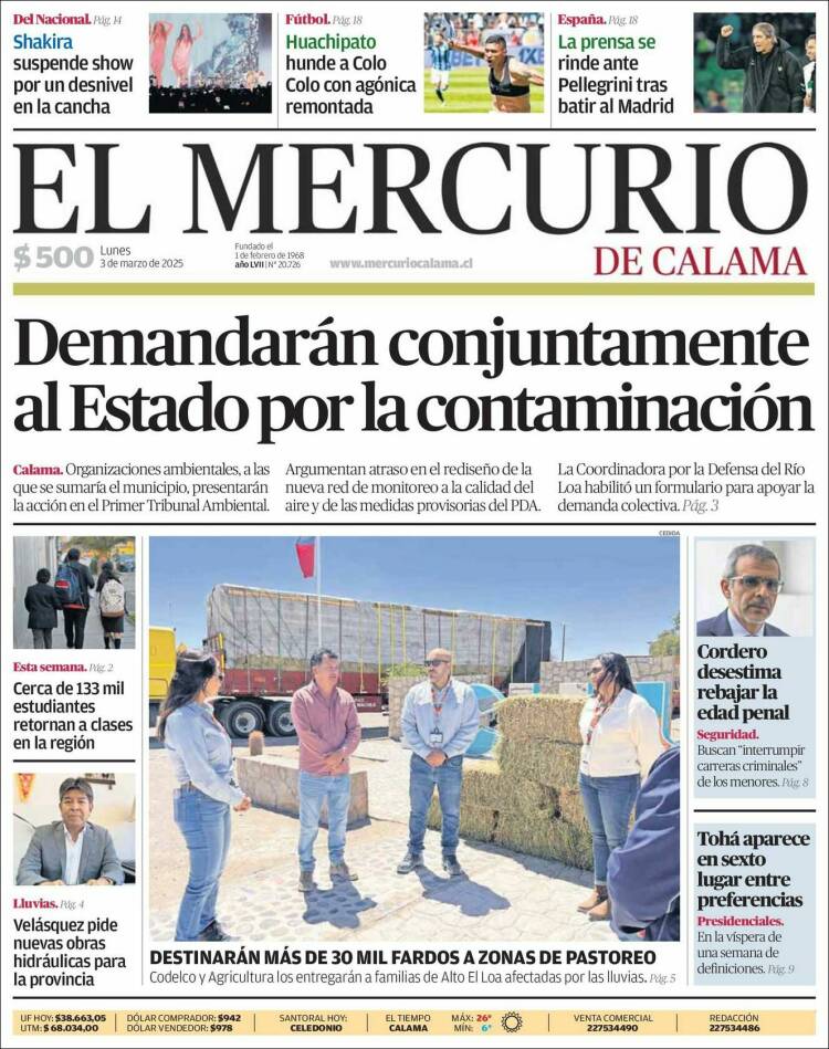 Portada de El Mercurio - Calama (Chile)