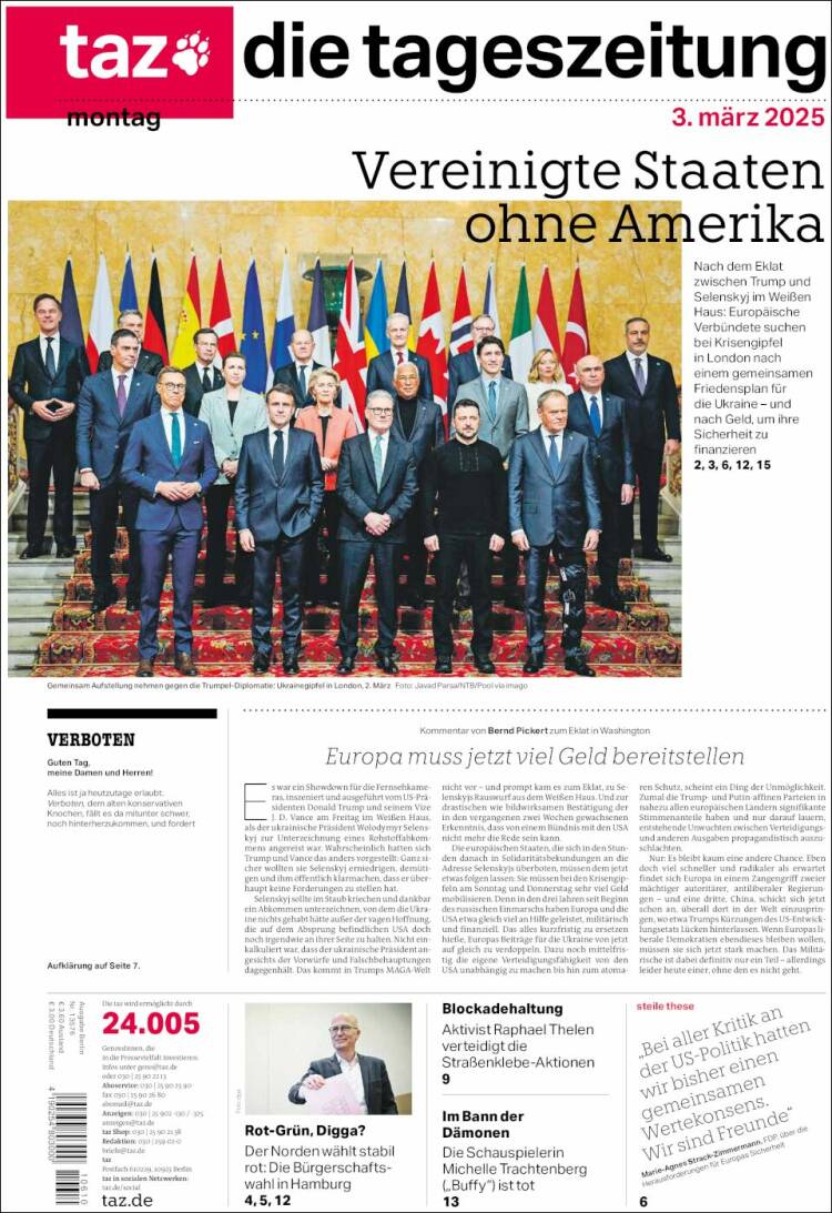 Portada de Die Tageszeitung (Alemania)