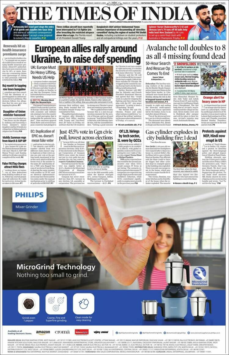 Portada de The Times of India (India)