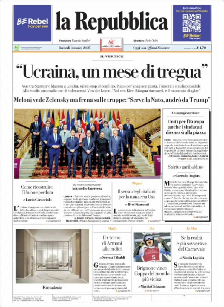 Portada de La Repubblica (Italia)