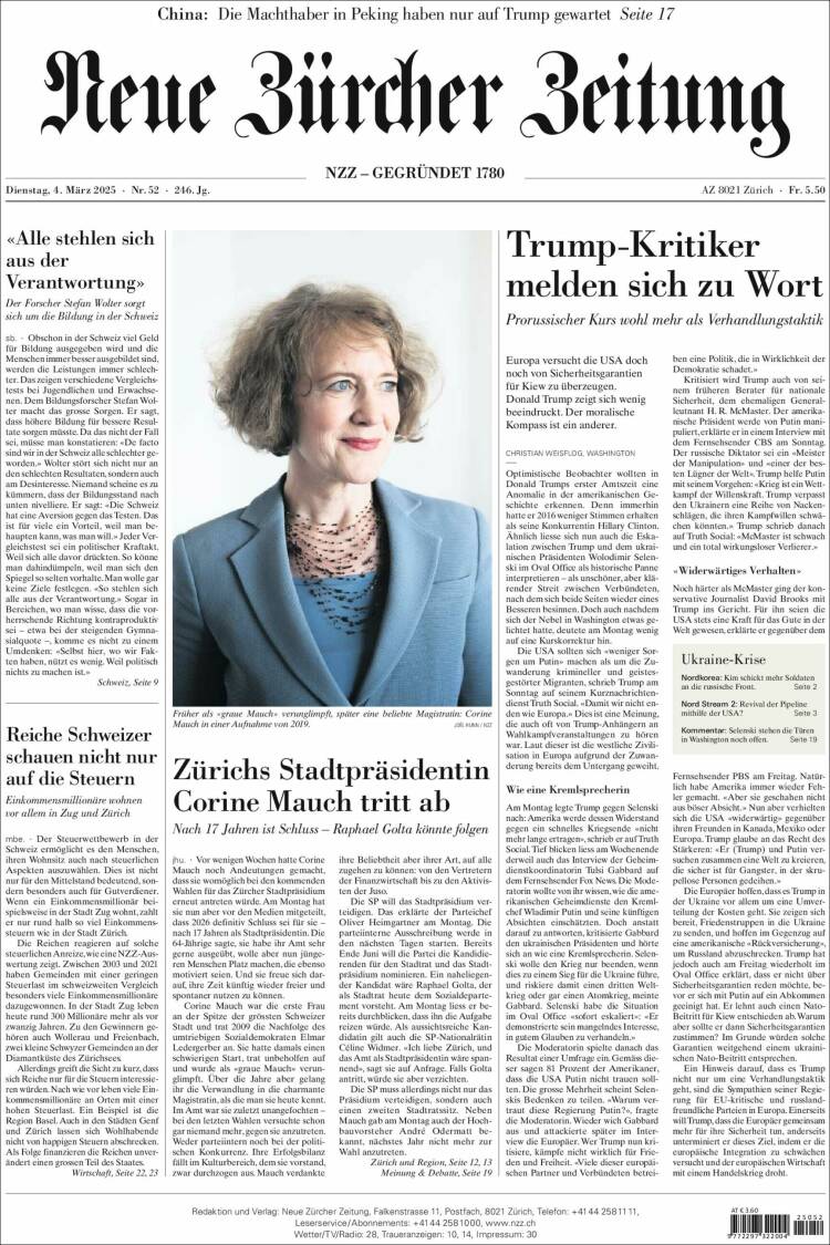Portada de Neue Zürcher Zeitung (Suiza)