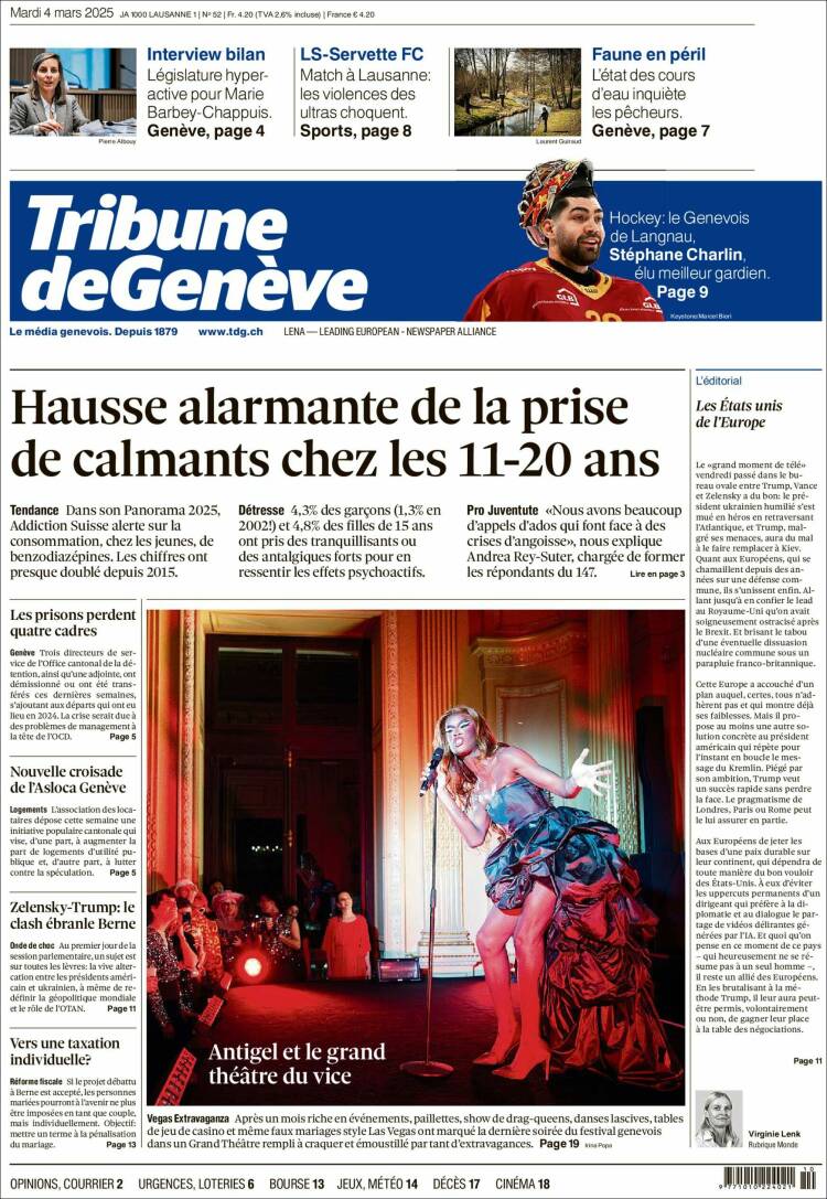 Portada de La Tribune de Genève (Suiza)