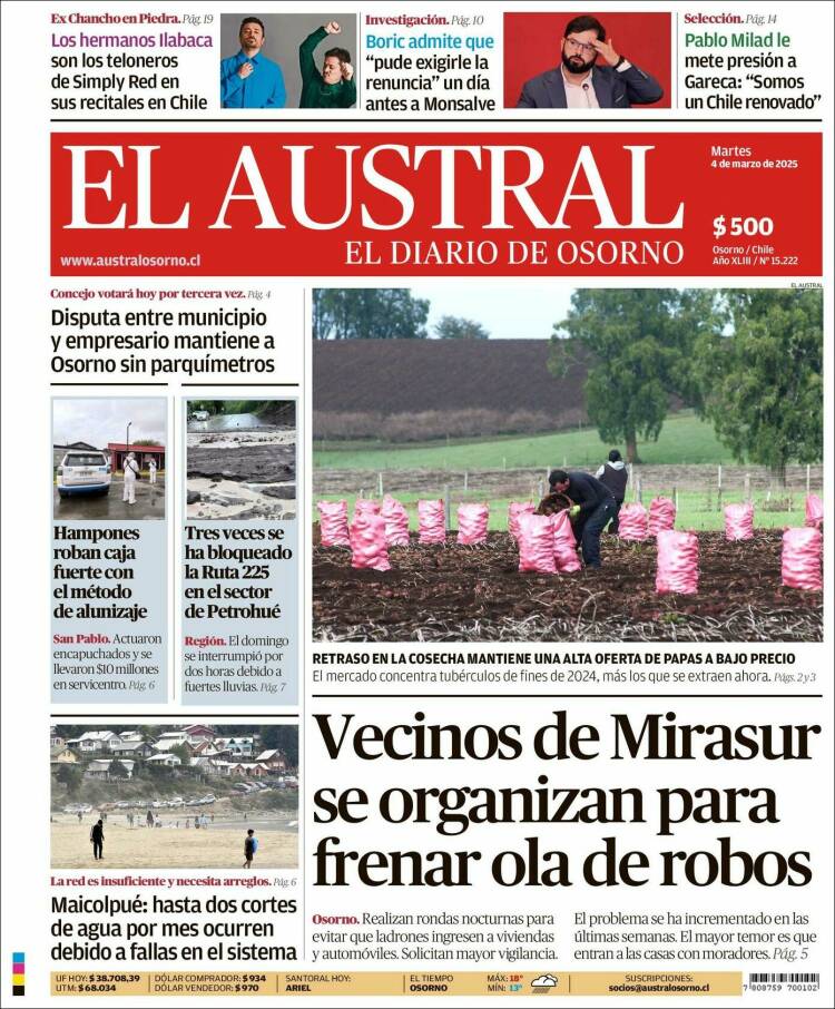 Portada de El Austral de Osorno (Chile)