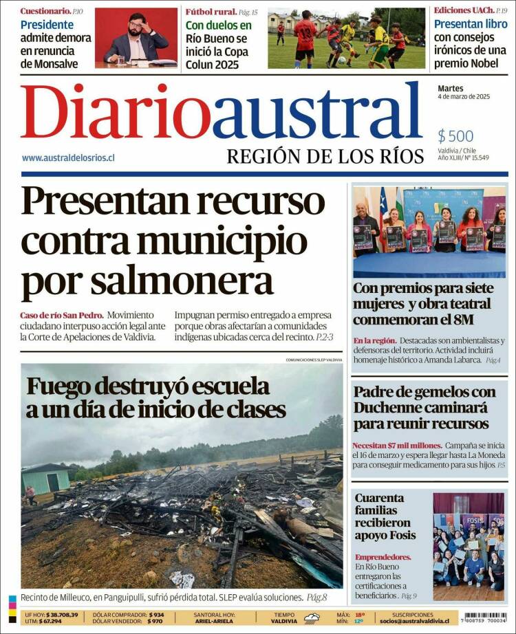 Portada de El Diario Austral de Valdivia (Chile)