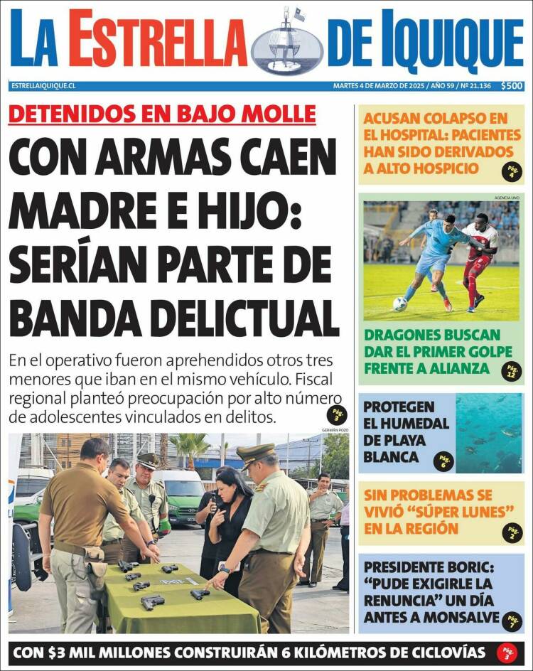 Portada de La Estrella de Iquique (Chile)