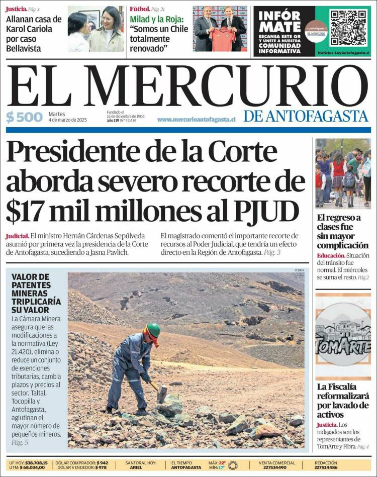 Portada de El Mercurio de Antofagasta (Chile)