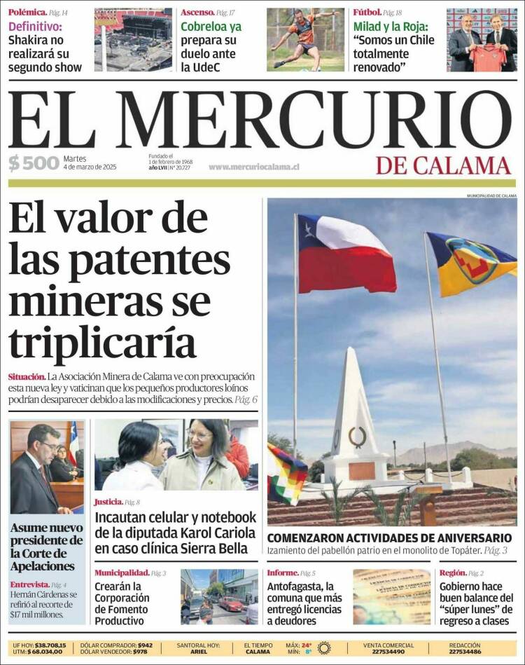 Portada de El Mercurio - Calama (Chile)