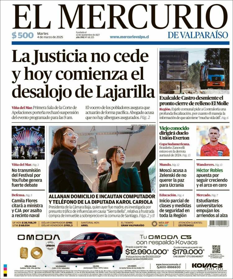 Portada de Mercurio de Valparaiso (Chile)