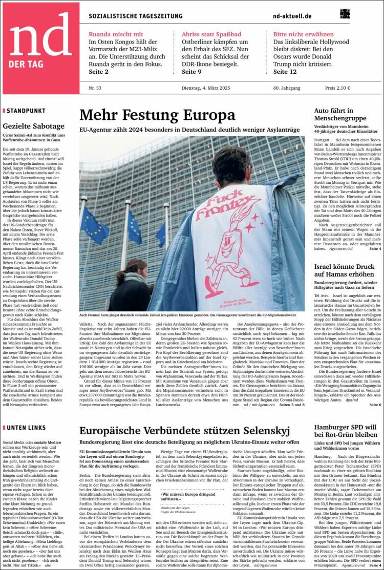 Portada de Neues Deutschland (Alemania)