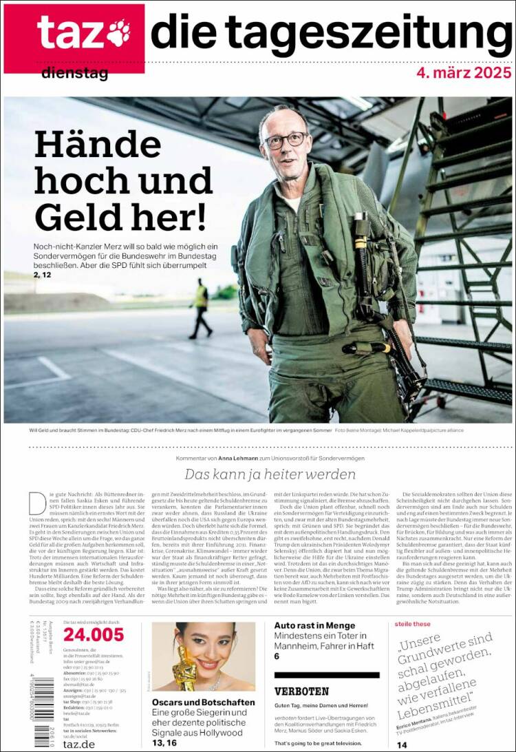 Portada de Die Tageszeitung (Alemania)