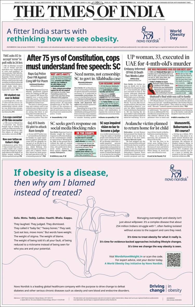 Portada de The Times of India (India)