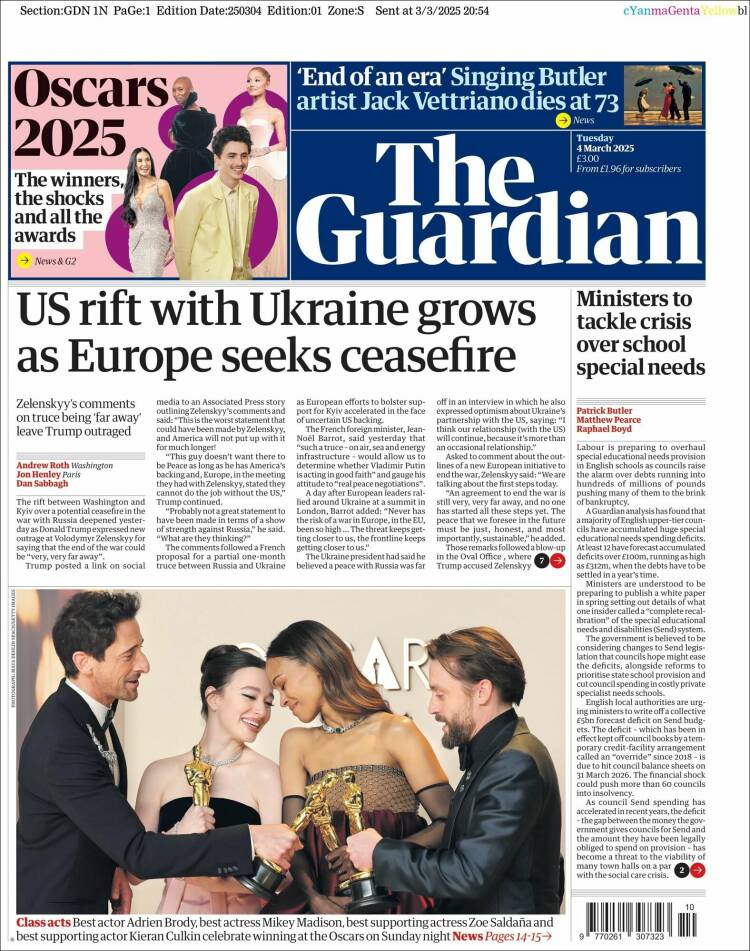 Portada de The Guardian (Reino Unido)
