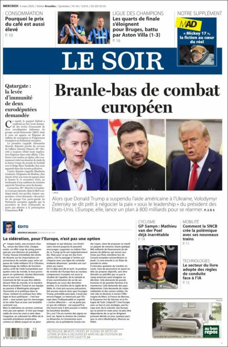 Portada de Le Soir (B&eacute;lgica)
