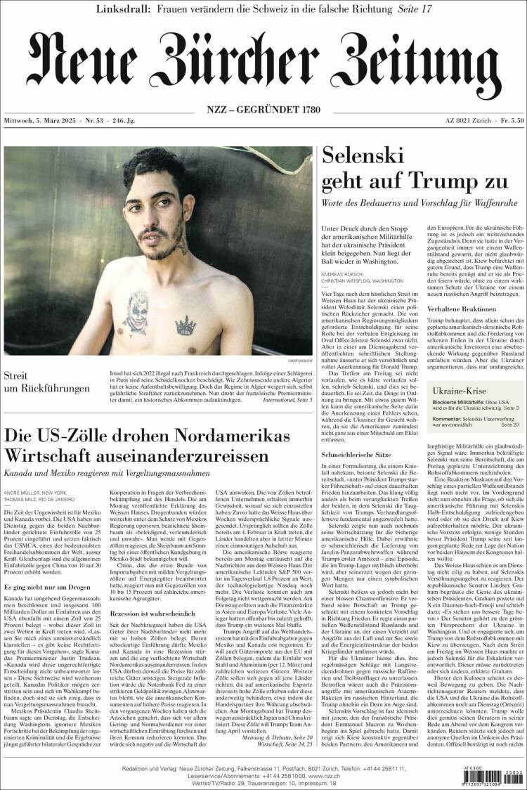 Portada de Neue Zürcher Zeitung (Suiza)