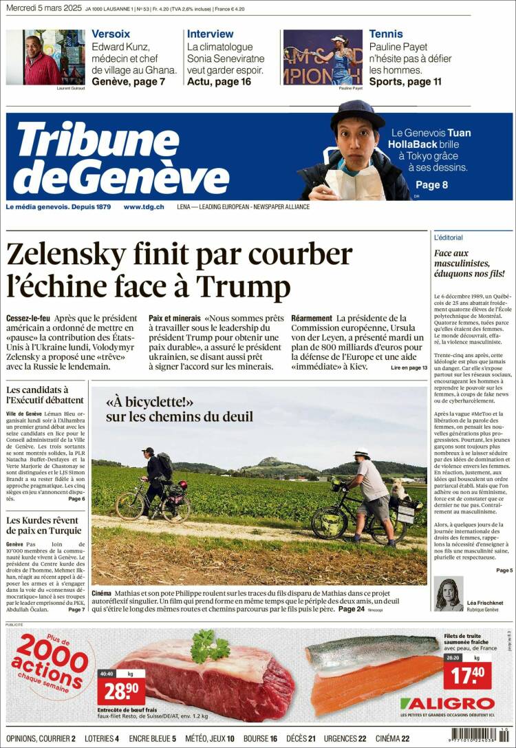 Portada de La Tribune de Genève (Suiza)