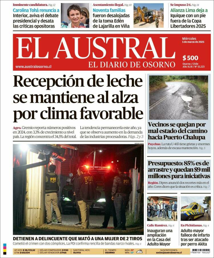 Portada de El Austral de Osorno (Chile)