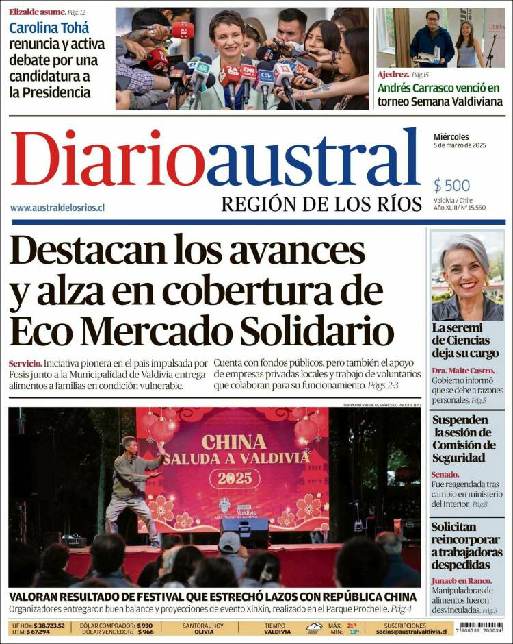 Portada de El Diario Austral de Valdivia (Chile)