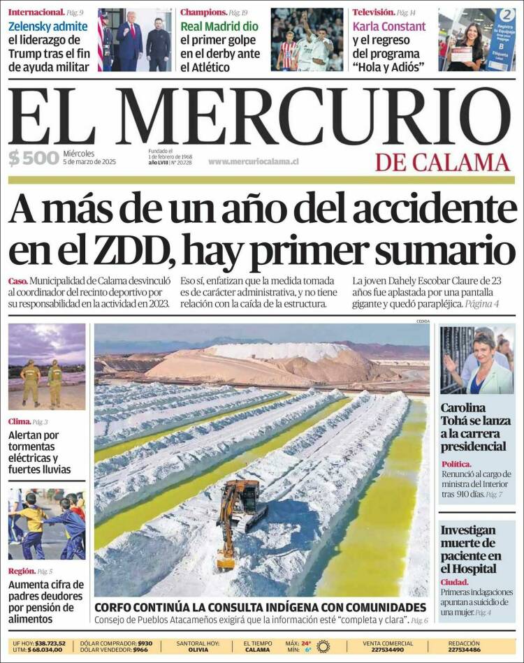 Portada de El Mercurio - Calama (Chile)