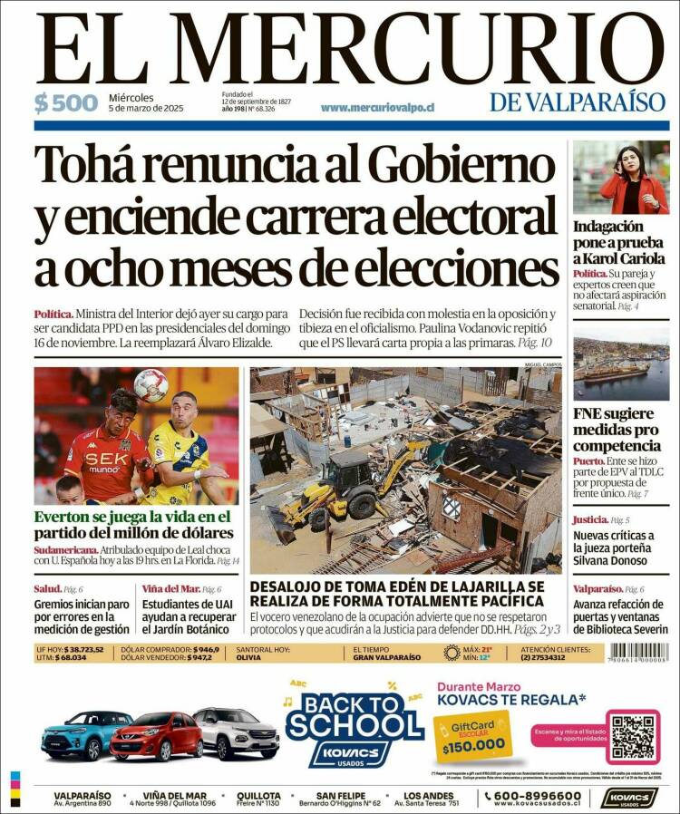 Portada de Mercurio de Valparaiso (Chile)