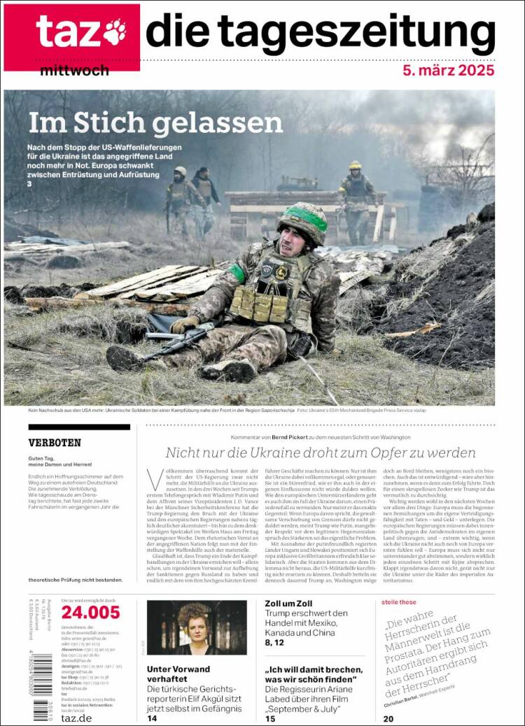 Portada de Die Tageszeitung (Alemania)