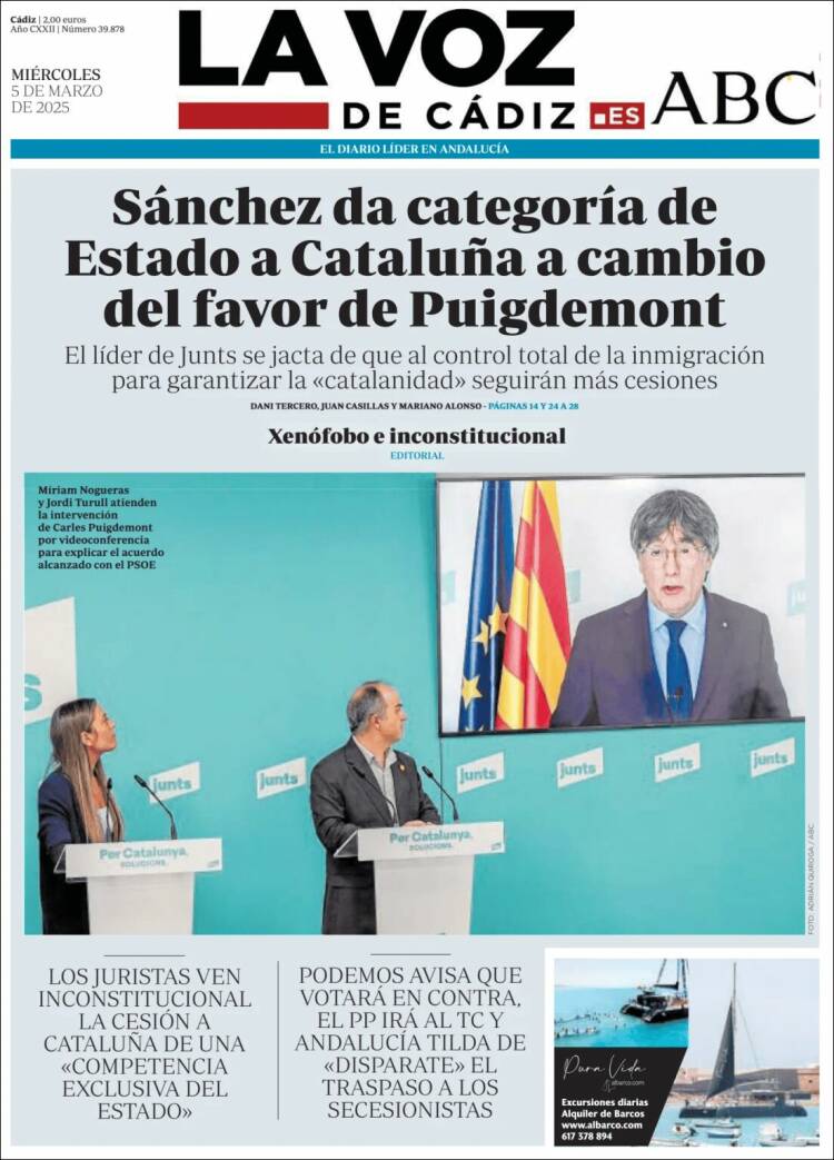 Portada de La Voz de Cádiz (España)