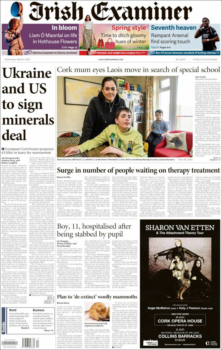 Portada de Irish Examiner (Irlanda)