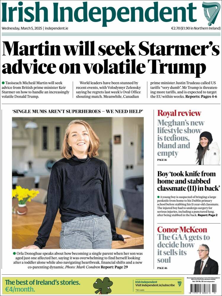 Portada de Irish Independent (Irlanda)