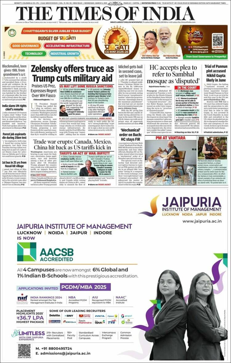 Portada de The Times of India (India)