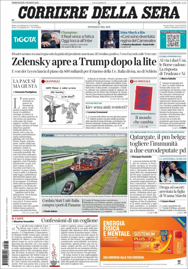 Portada de Corriere della Sera (Italia)