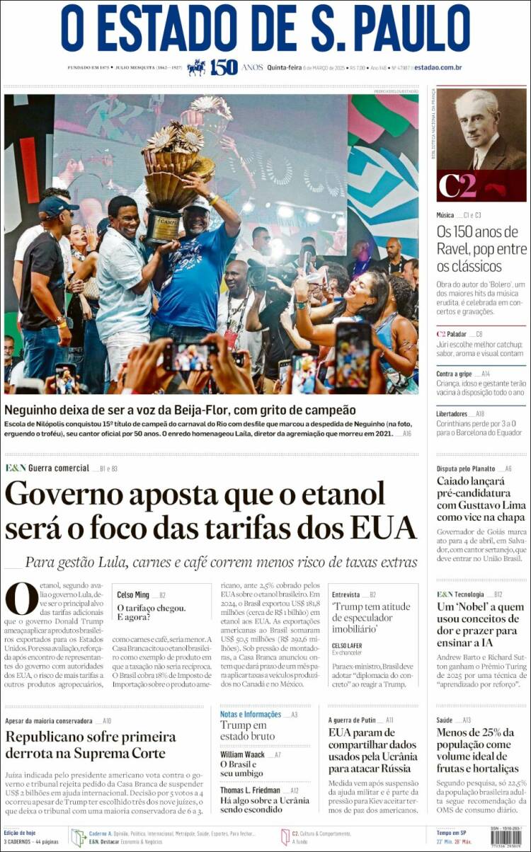 Portada de O Estado de São Paulo (Brasil)