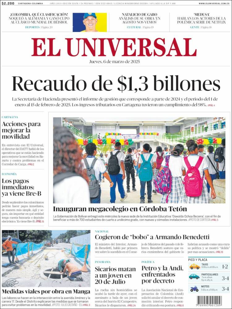 Portada de El Universal (Colombia)